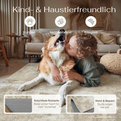 Beiger Wohnteppich 200x300cm – Rutschfest, Waschbar, Abstrakt