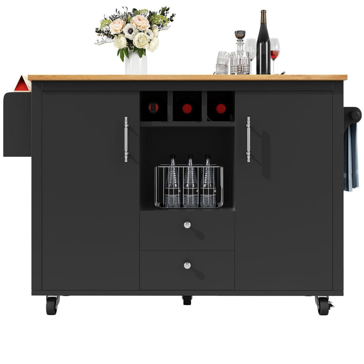Bewegliche Kücheninsel mit Klapptisch & Stauraum Schwarz