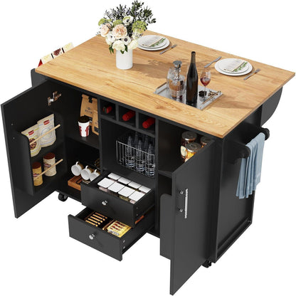 Bewegliche Kücheninsel mit Klapptisch & Stauraum Schwarz