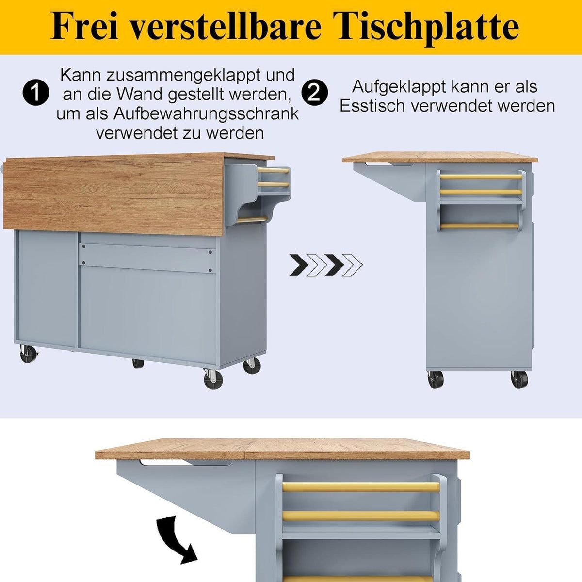 Kücheninsel 110x45cm – Vintage Servierwagen mit Stauraum, Blau