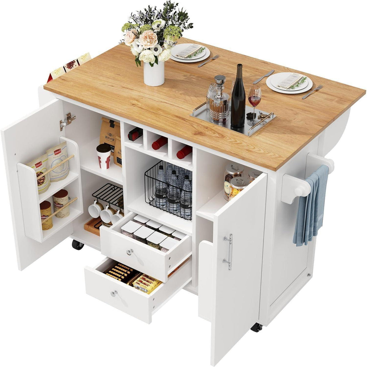 Bewegliche Kücheninsel mit Klapptisch & Stauraum – Weiß