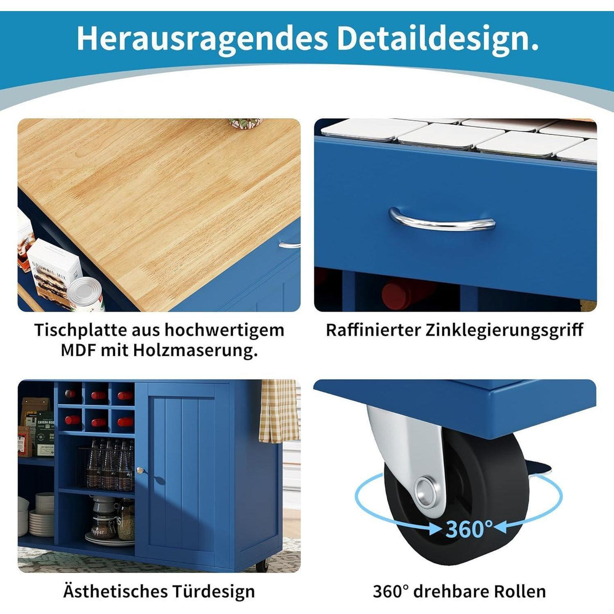 Kücheninsel mit Stauraum & Rollen – Blau (102x45x92cm)