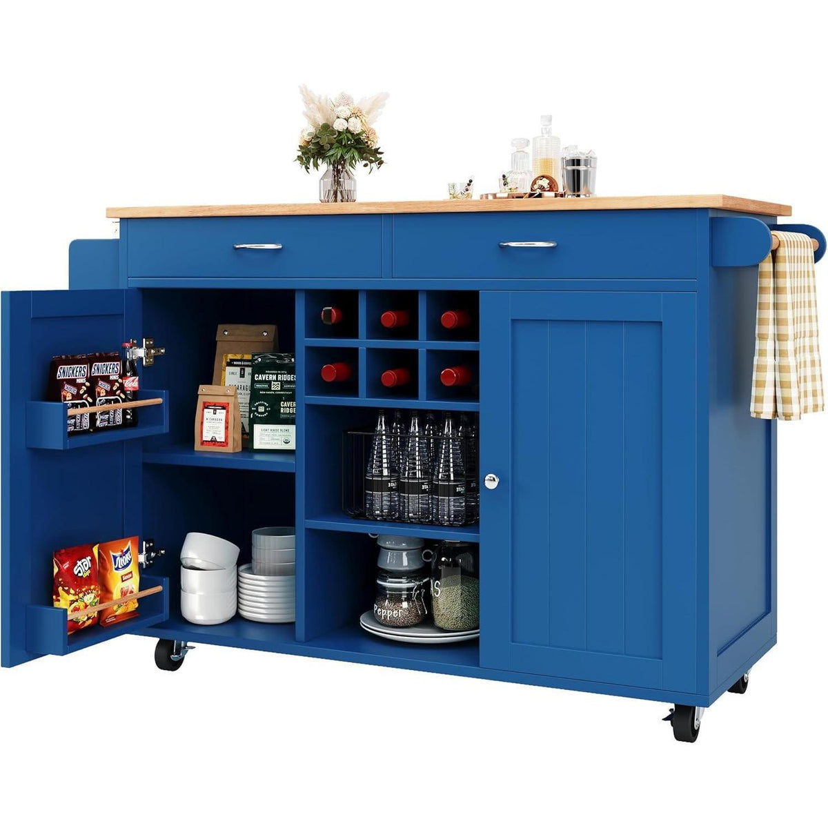 Kücheninsel mit Stauraum & Rollen – Blau (102x45x92cm)