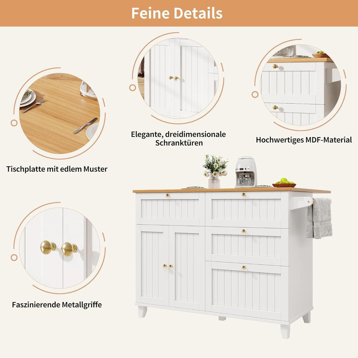 Kücheninsel weiß mit Stauraum & Rollen – Multifunktionale Küchenwagen