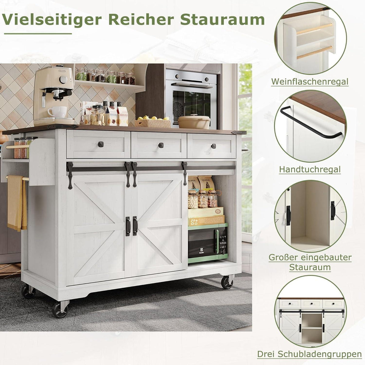 Kücheninsel mit Ausziehtisch & Stauraum – Weiß