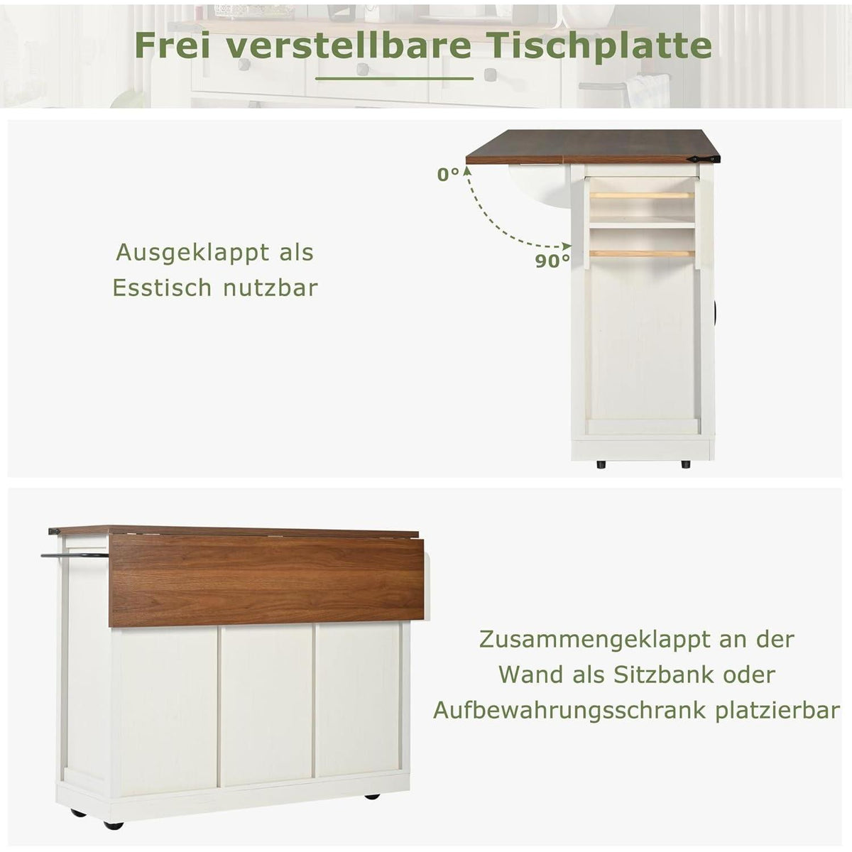 Kücheninsel mit Ausziehtisch & Stauraum – Weiß