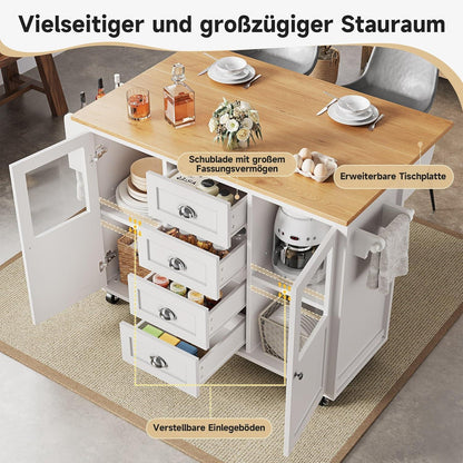 Bewegliche Kücheninsel mit Klapptisch & Stauraum – Weiß