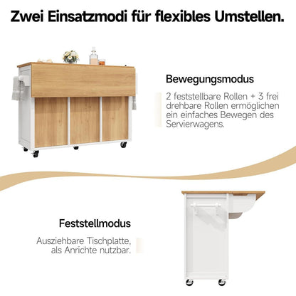 Bewegliche Kücheninsel mit Klapptisch & Stauraum – Weiß