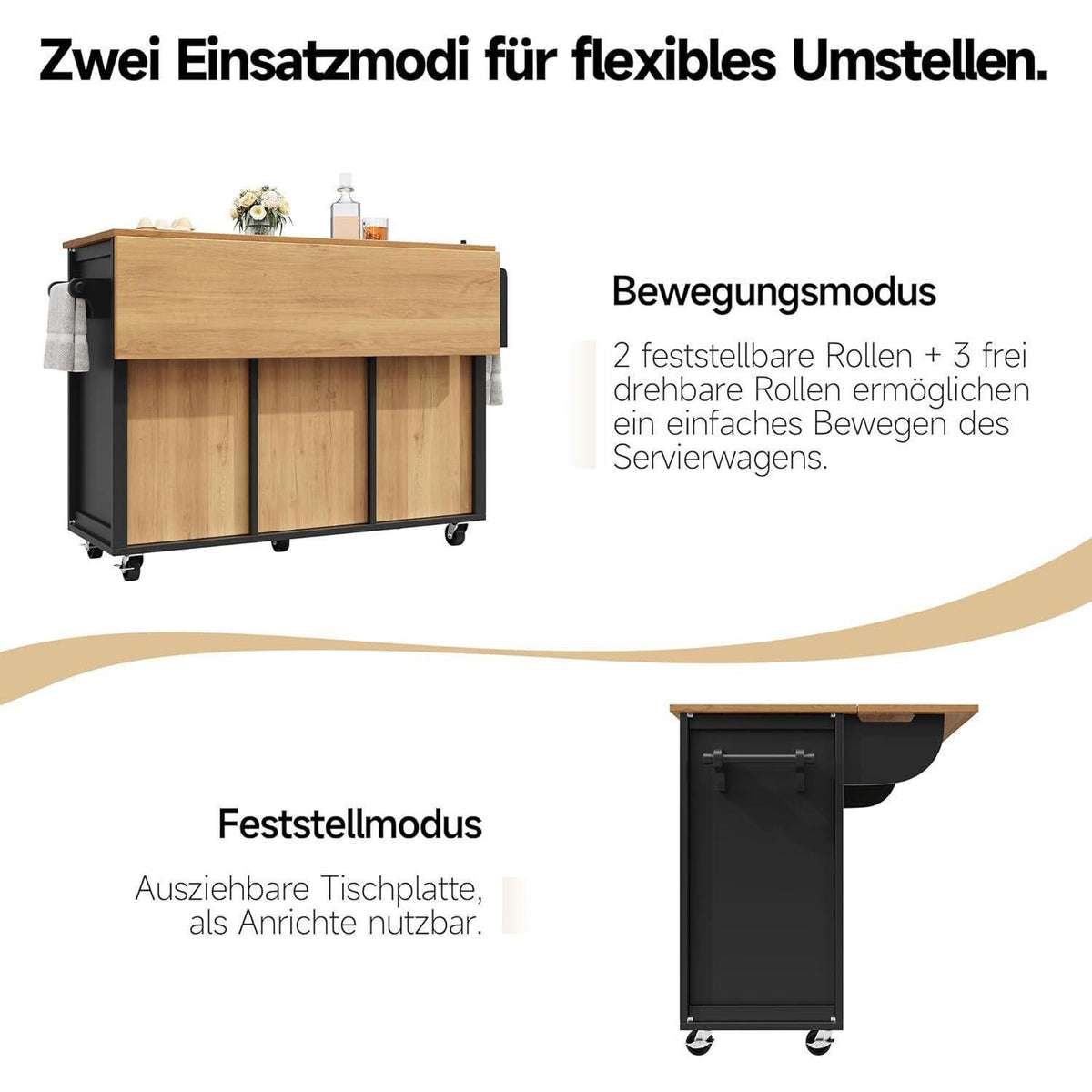 Bewegliche Kücheninsel mit Klapptisch & Stauraum (138x73x93cm)
