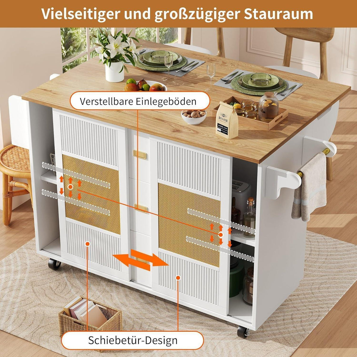 Bewegliche Kücheninsel mit Klapptisch & Stauraum – Weiß