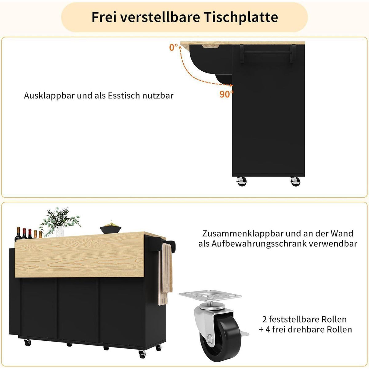 Küchenwagen mit Rollen & klappbarer Tischplatte Schwarz