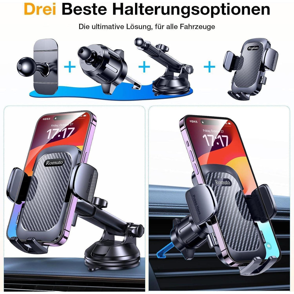 Handyhalter Auto 360° Drehbar – Saugnapf, Lüftung, Armaturenbrett