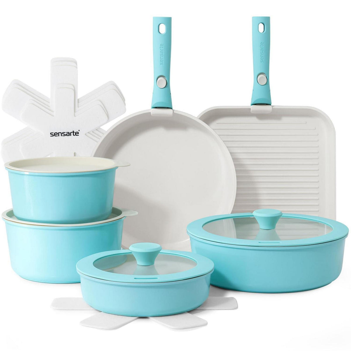 17-teiliges Antihaft-Kochgeschirrset Turquoise mit abnehmbaren Griffen