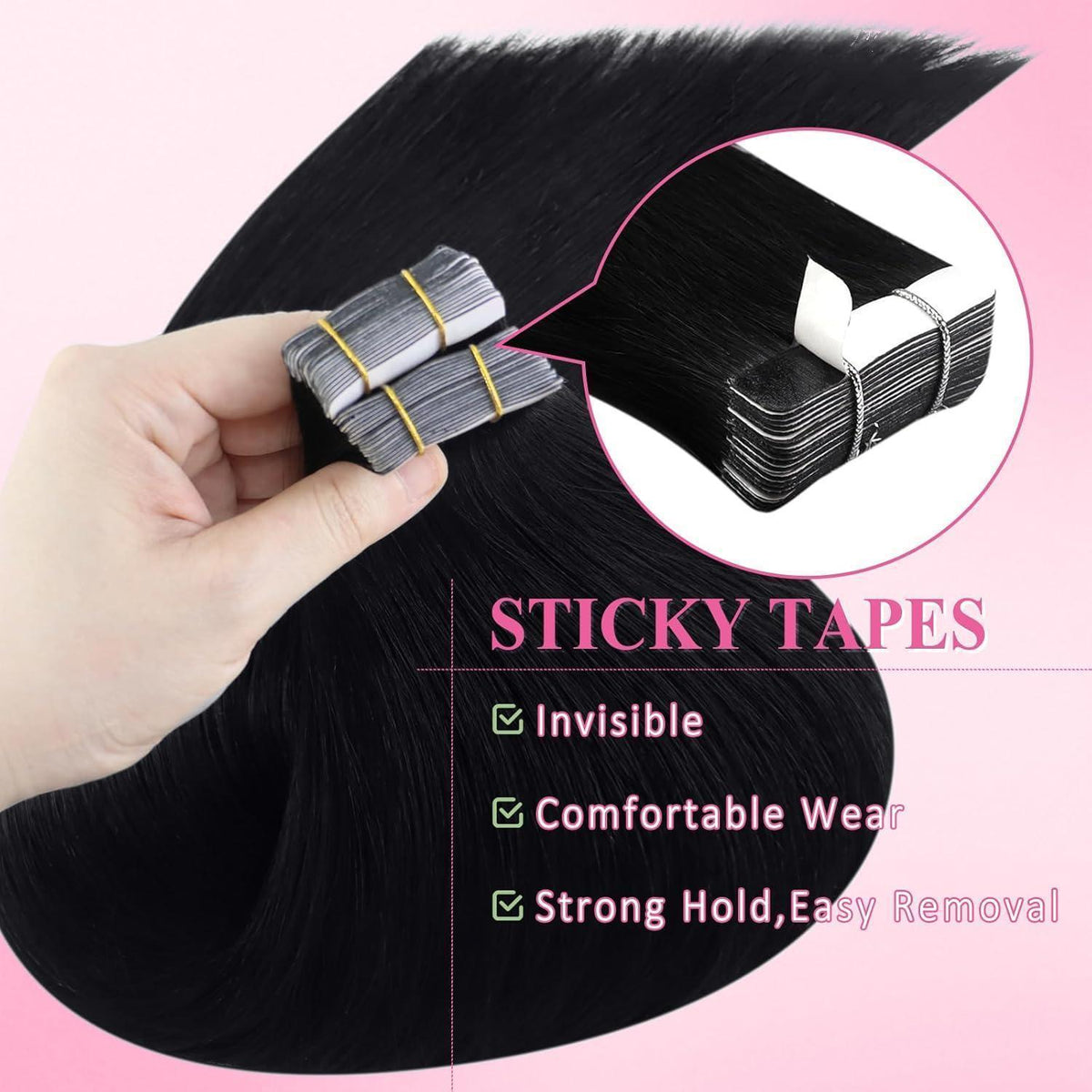 Echthaar Tape Extensions Schwarz - 40cm, 50g Remy