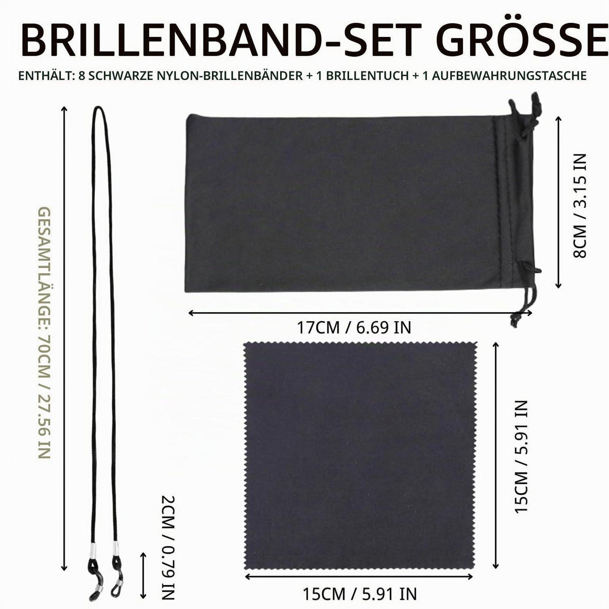 8x Brillenband Nylon Schwarz – Einstellbar & Mit Tuch