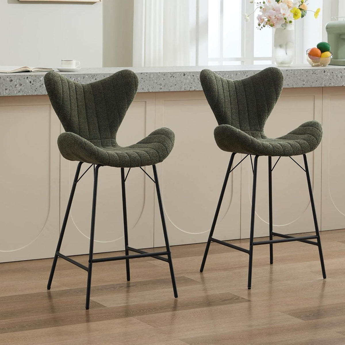 Moderner Barhocker 4er Set mit Chenille & Stepp-Rückenlehne Grün