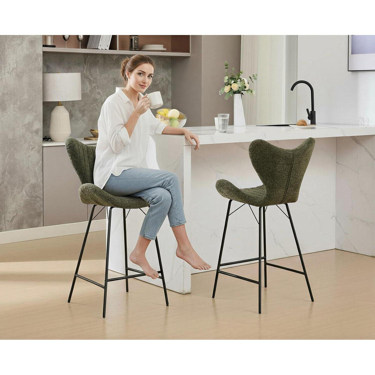 Moderner Barhocker 2er Set mit Chenille & Stepp-Rückenlehne Grün