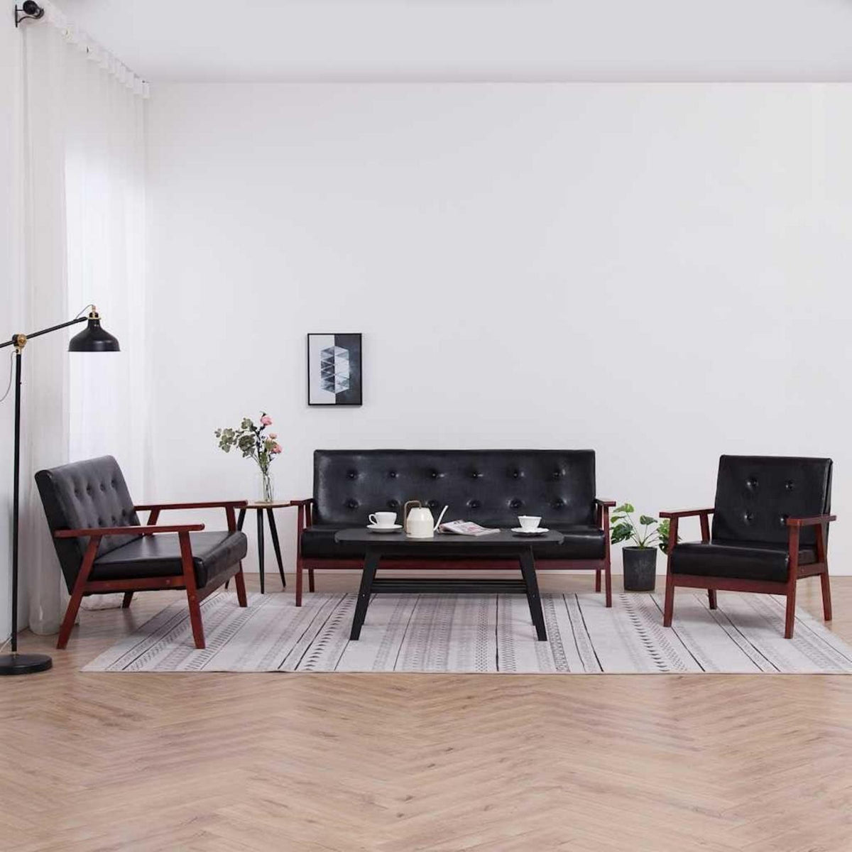 3-TLG. Sofagarnitur Schwarz Kunstleder mit Holzbeinen
