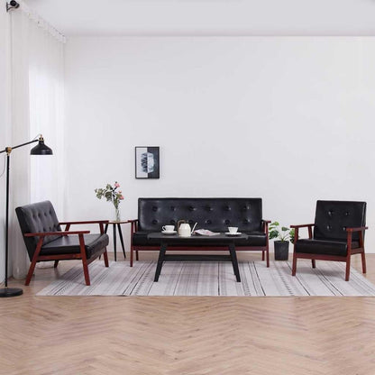 3-TLG. Sofagarnitur Schwarz Kunstleder mit Holzbeinen