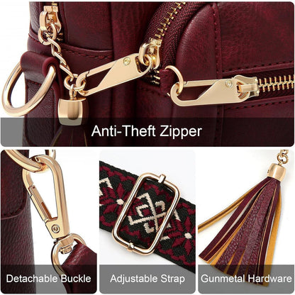 Umhängetasche Damen Mittelgroß mit Anti Diebstahl, 4 Fächer, Burgundian