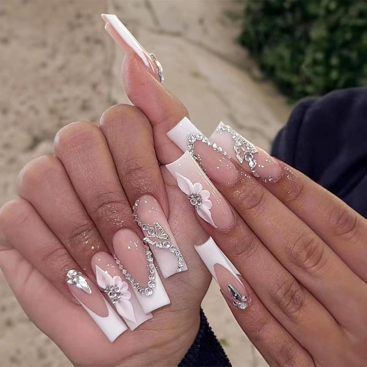 24er Set Ballerina French Nails mit Strass & Blumen – Press On Nägel Weiß