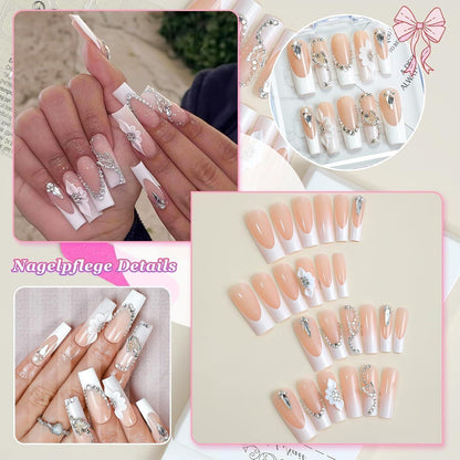 24er Set Ballerina French Nails mit Strass & Blumen – Press On Nägel Weiß