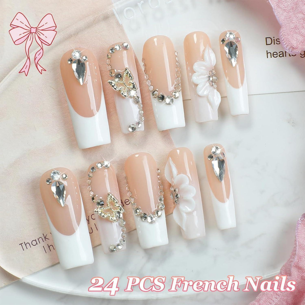 24er Set Ballerina French Nails mit Strass & Blumen – Press On Nägel Weiß