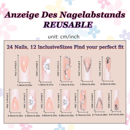 24er Set Ballerina French Nails mit Strass & Blumen – Press On Nägel Weiß