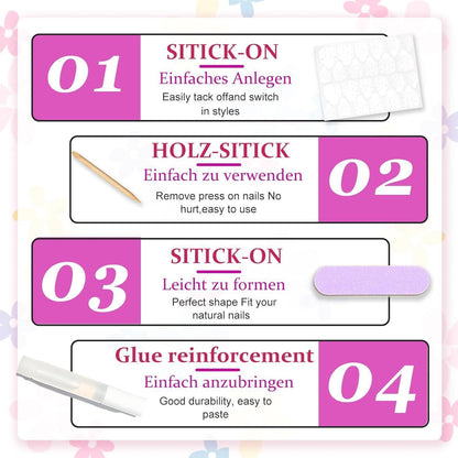 24er Set Ballerina French Nails mit Strass & Blumen – Press On Nägel Weiß