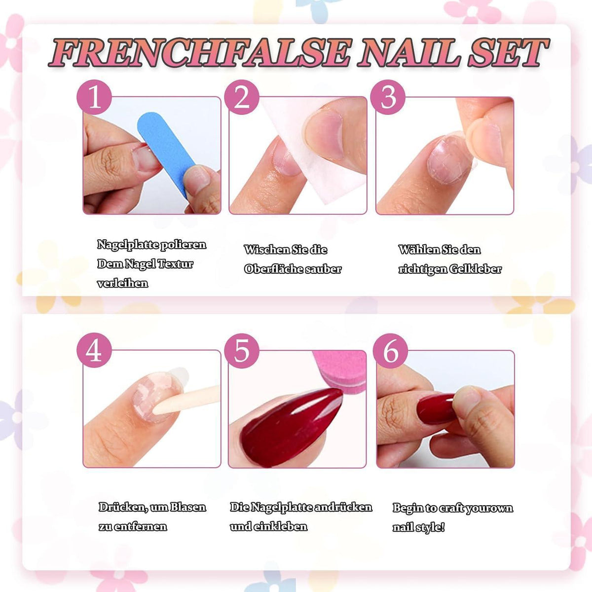 24er Set Ballerina French Nails mit Strass & Blumen – Press On Nägel Weiß