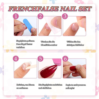 24er Set Ballerina French Nails mit Strass & Blumen – Press On Nägel Weiß
