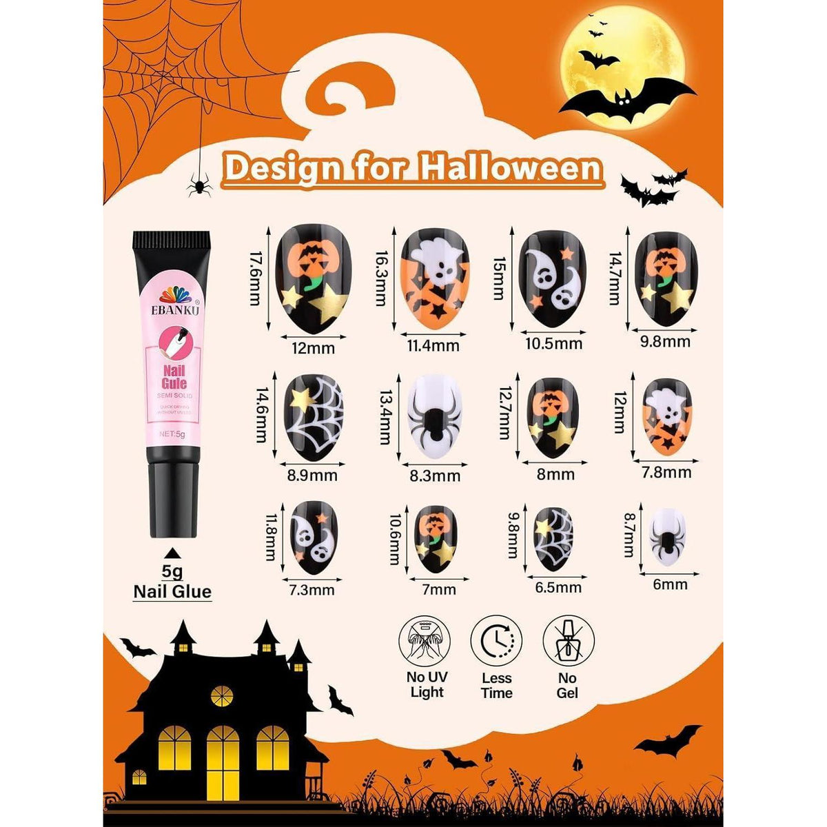 Halloween Kinder Nägel Set – 72 Kürbis & Geister Design