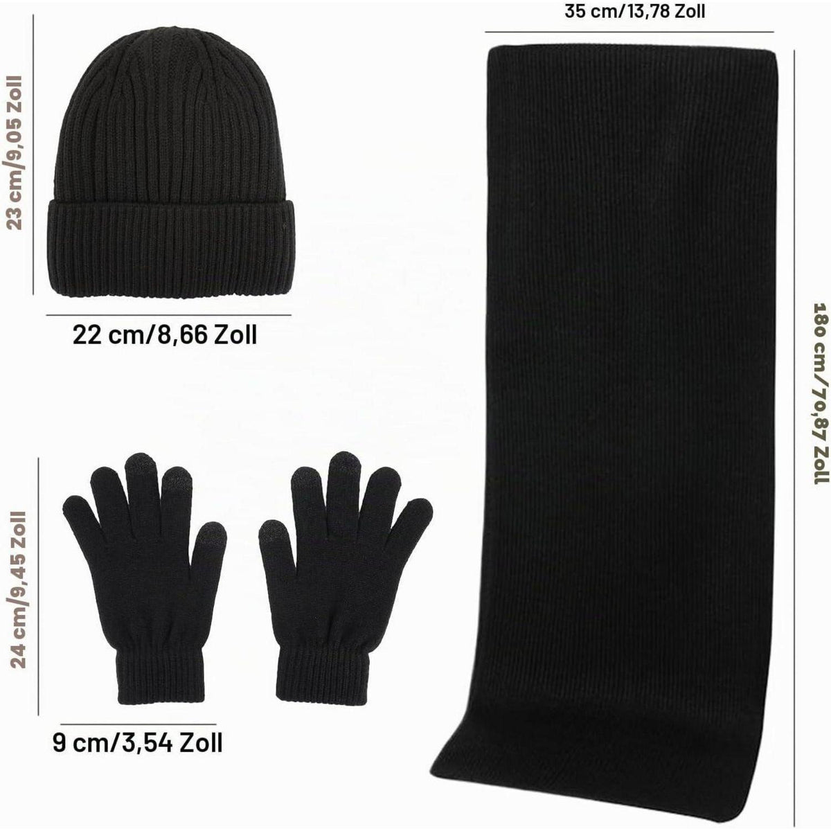 Herren Winter Set: Mütze, Schal & Touchscreen Handschuhe Schwarz