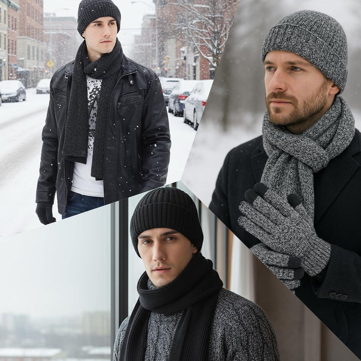 Herren Winter Set: Mütze, Schal & Touchscreen Handschuhe Schwarz