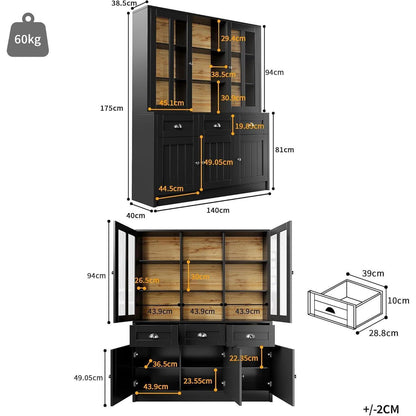 Hochschrank Wohnzimmer Schwarz 140x38.5x175cm – Vitrine & Schubladen