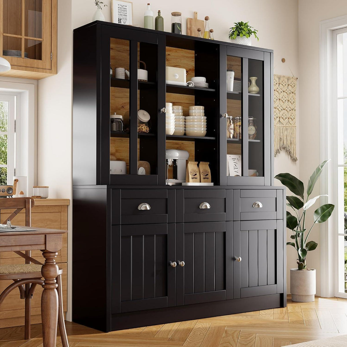 Hochschrank Wohnzimmer Schwarz 140x38.5x175cm – Vitrine & Schubladen