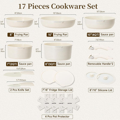 17-teiliges Topf- und Pfannenset mit abnehmbarem Griff, Induktion, Beige