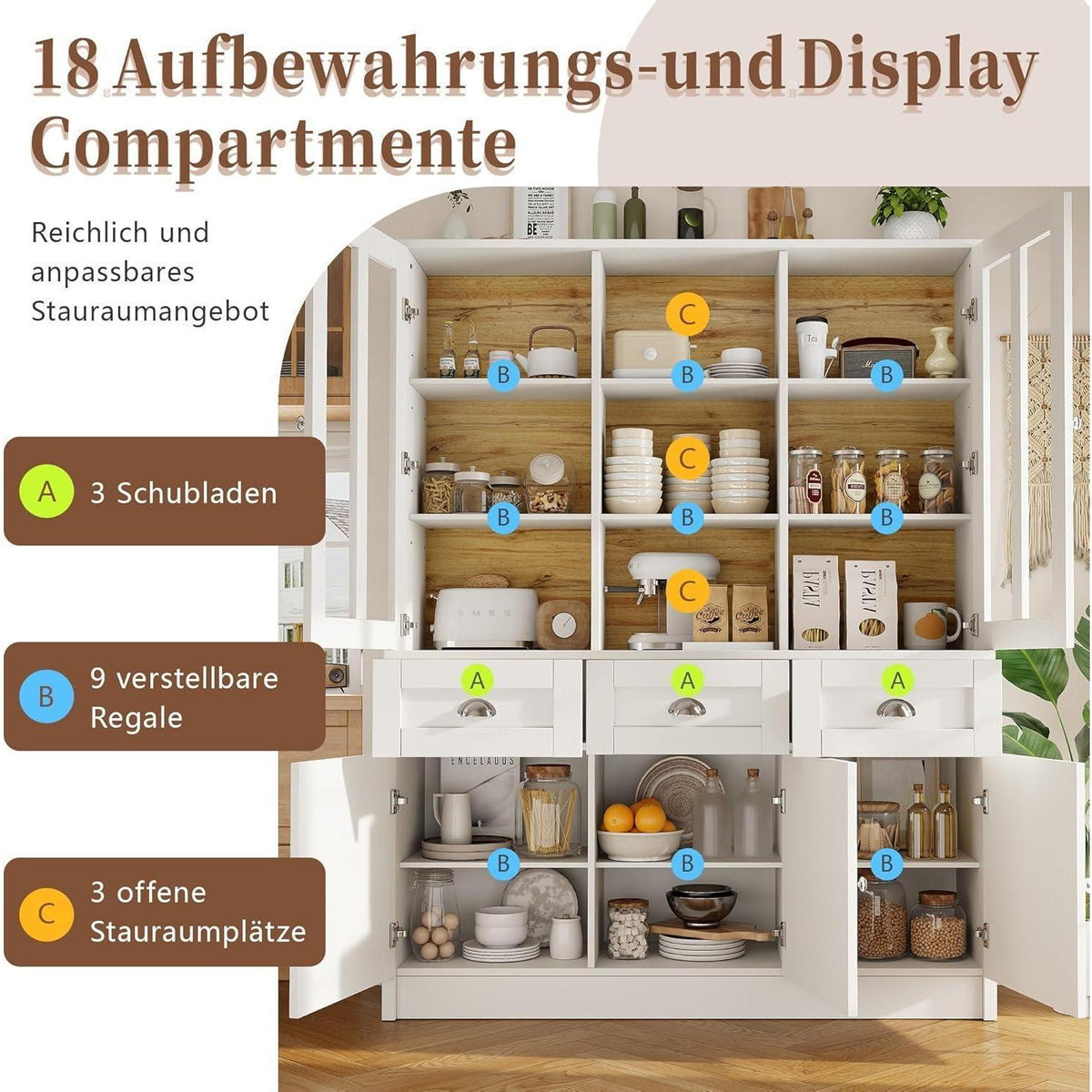 Hochschrank Weiß 140x38.5x175cm – Vitrine & Küchenschrank