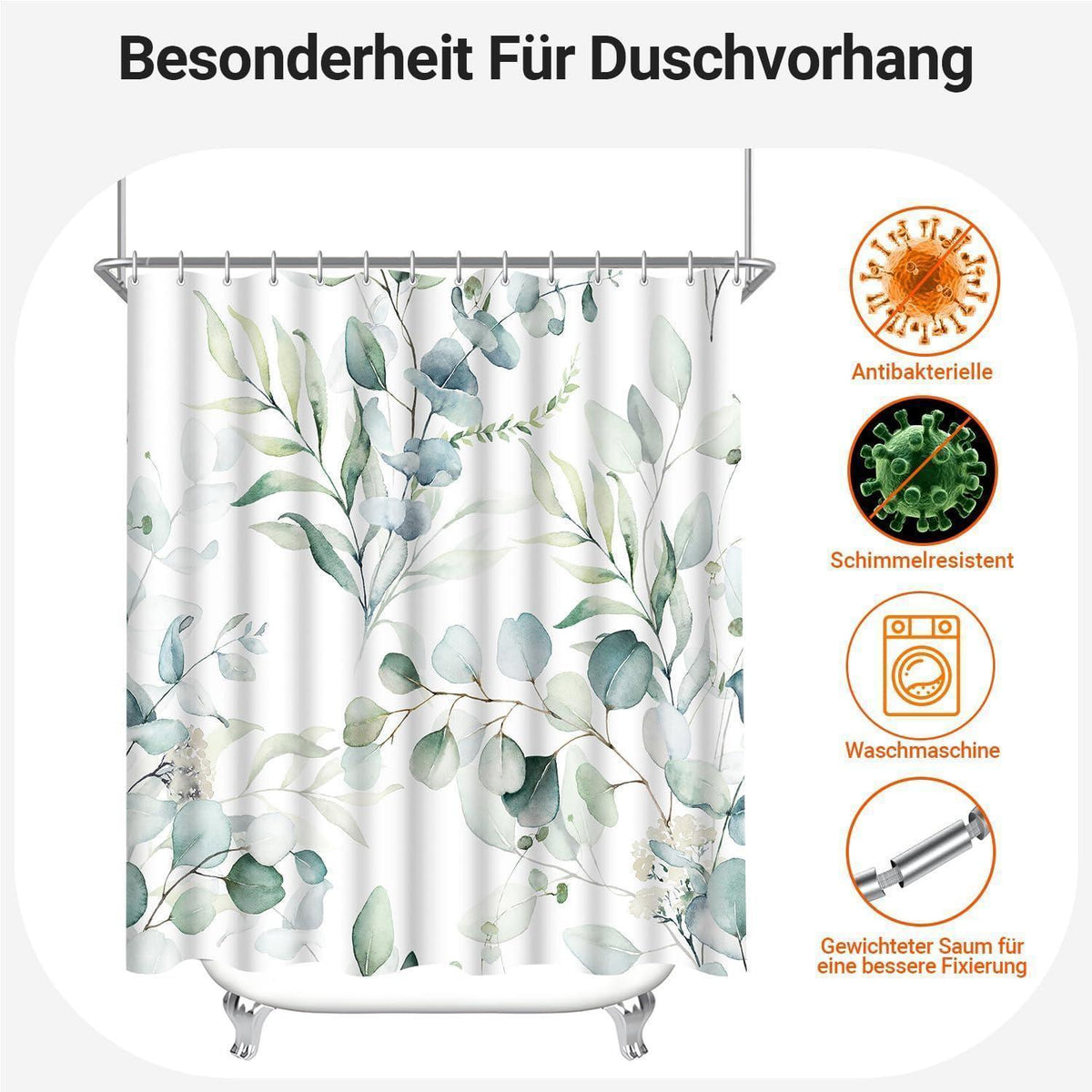 Duschvorhang Textil 160x160 cm Blatt, Wasserabweisend, Waschbar