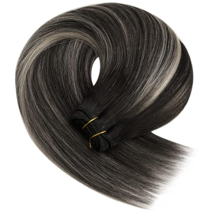 Echthaar Tressen Ombre Schwarz Silber 45cm Remy Weft