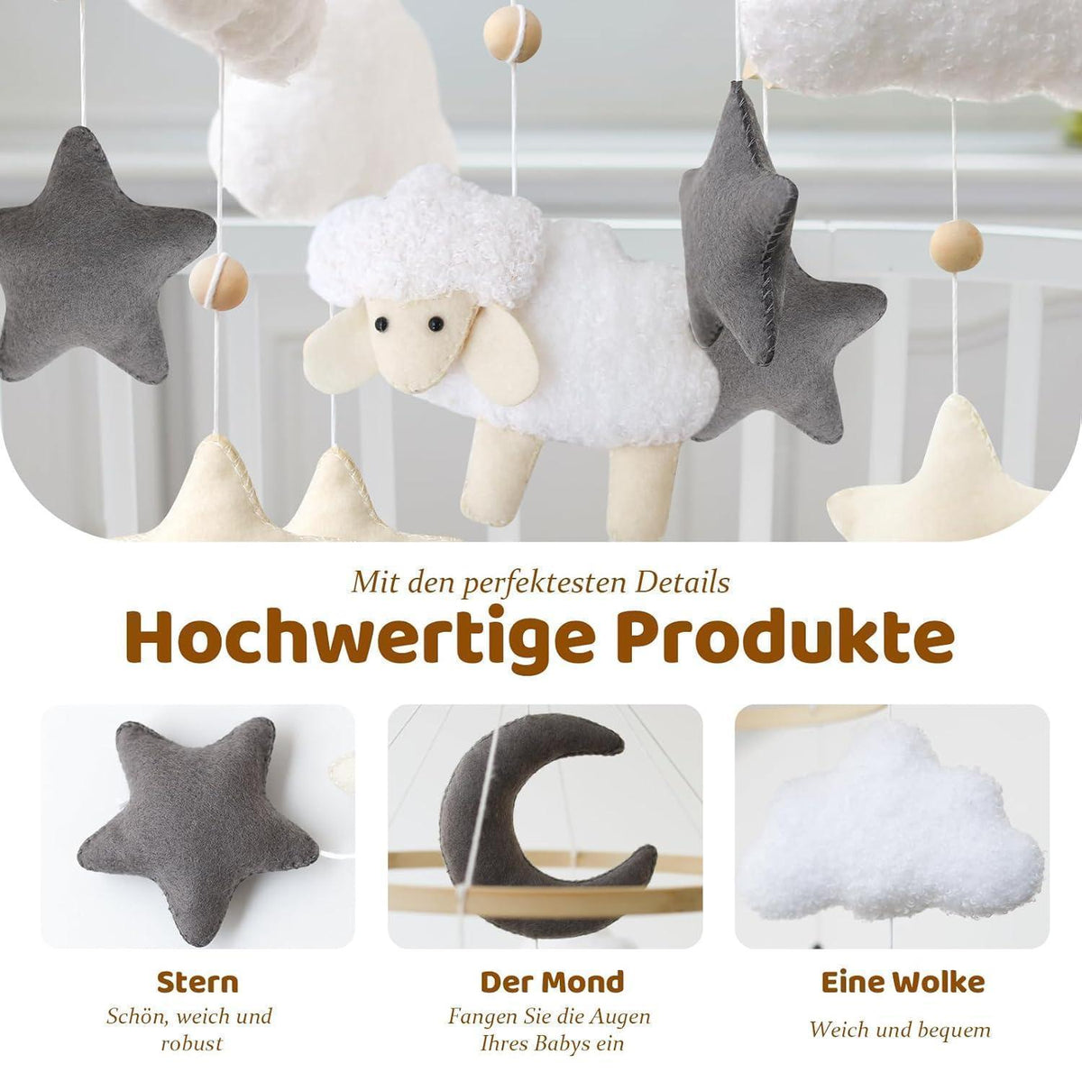 Holz Schaf Mobile Babybett Windspiel Filz Wolke Stern