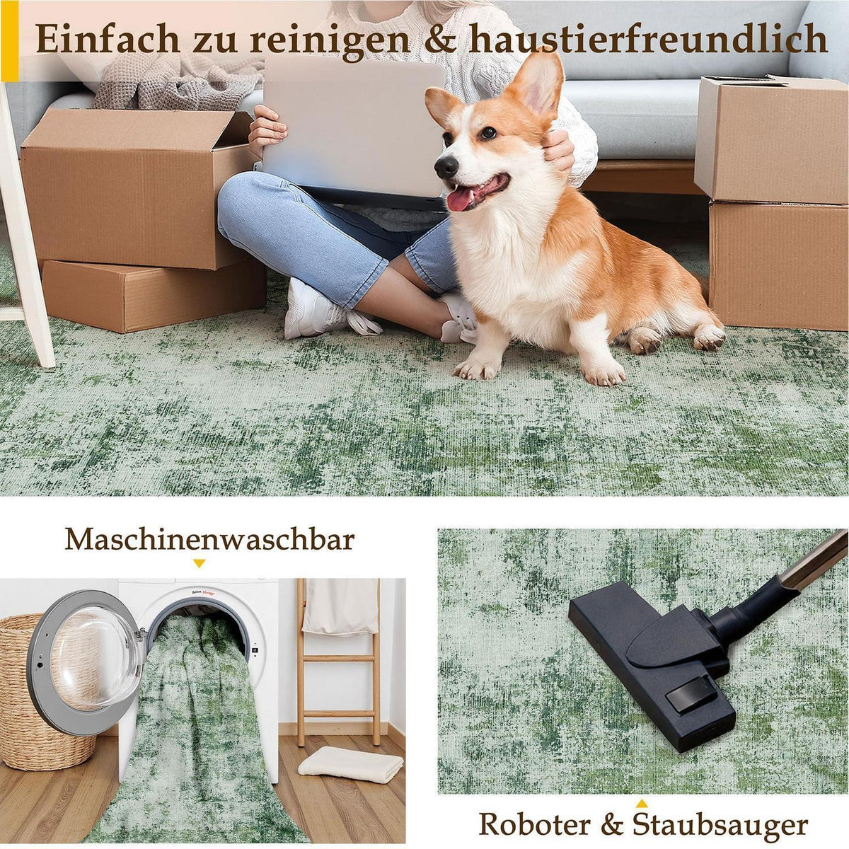 Grüner Teppich 180x270cm – Waschbar & Rutschfest für Wohnzimmer