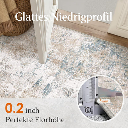 Beiger Blau Teppich 200x300cm – Waschbar & Rutschfest