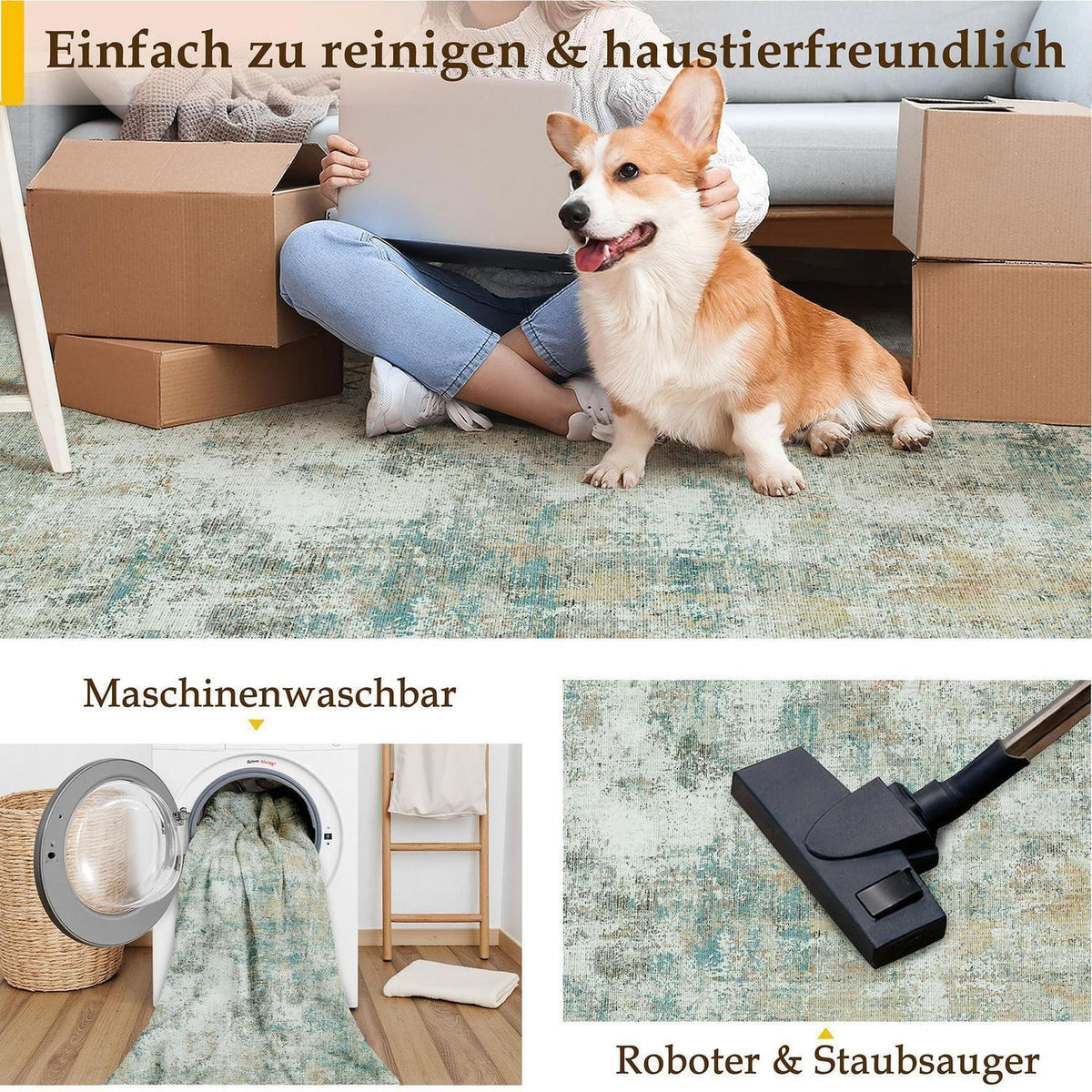 Blauer Gelber Teppich Wohnzimmer 180x270cm Waschbar & Rutschfest