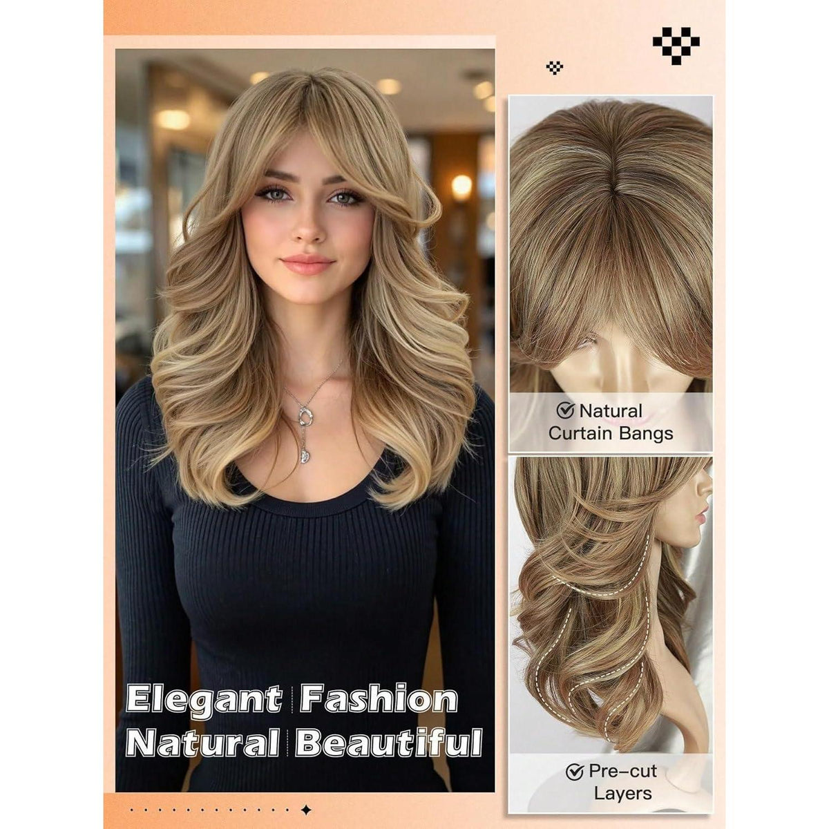 Welliges Pony Perücke Ash Blond – Synthetik, Mittel-Lang