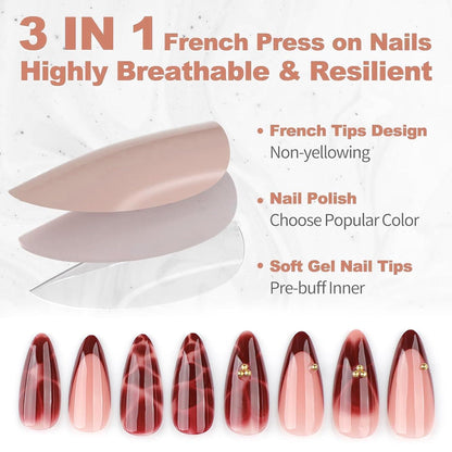 Press on Nails Almond Rot Blumen Design – 24 Stück mit Zubehör
