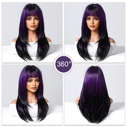 Lange Gerade Lila Perücke mit Pony – Synthetikhaar Ombre Perücke