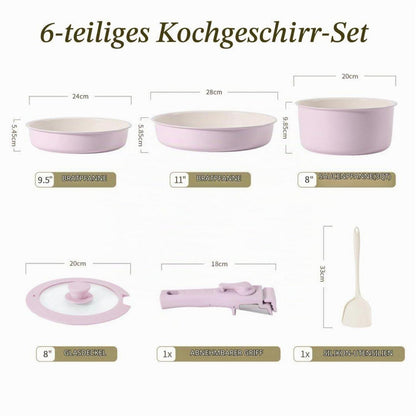 6-teiliges Rosenfarbenes Keramik Pfannenset mit abnehmbarem Griff