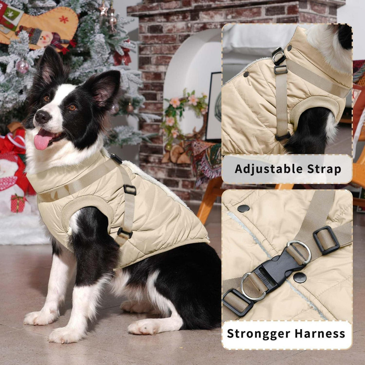Hundejacke mit Geschirr, Fleecegefüttert, Wintermantel XS Khaki