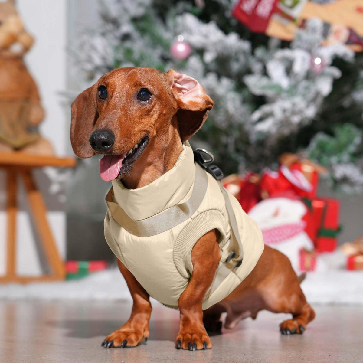 Hundejacke mit Geschirr, Fleecegefüttert, Wintermantel XS Khaki